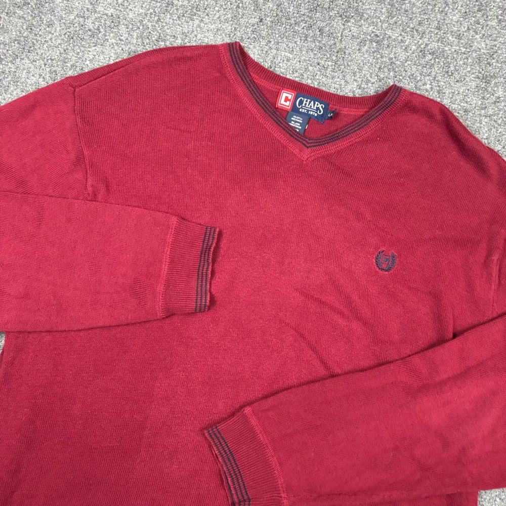 Chaps Mens‎ V-Neck Sweater Red Cotton Knit Long Sleeve Logo Pullover Size Large